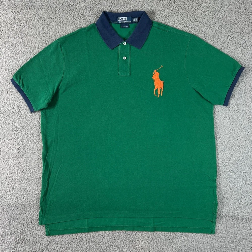 Polo Ralph Lauren Polo Shirt Mens XXL Green Navy Big Pony Custom Fit Vintage NWT